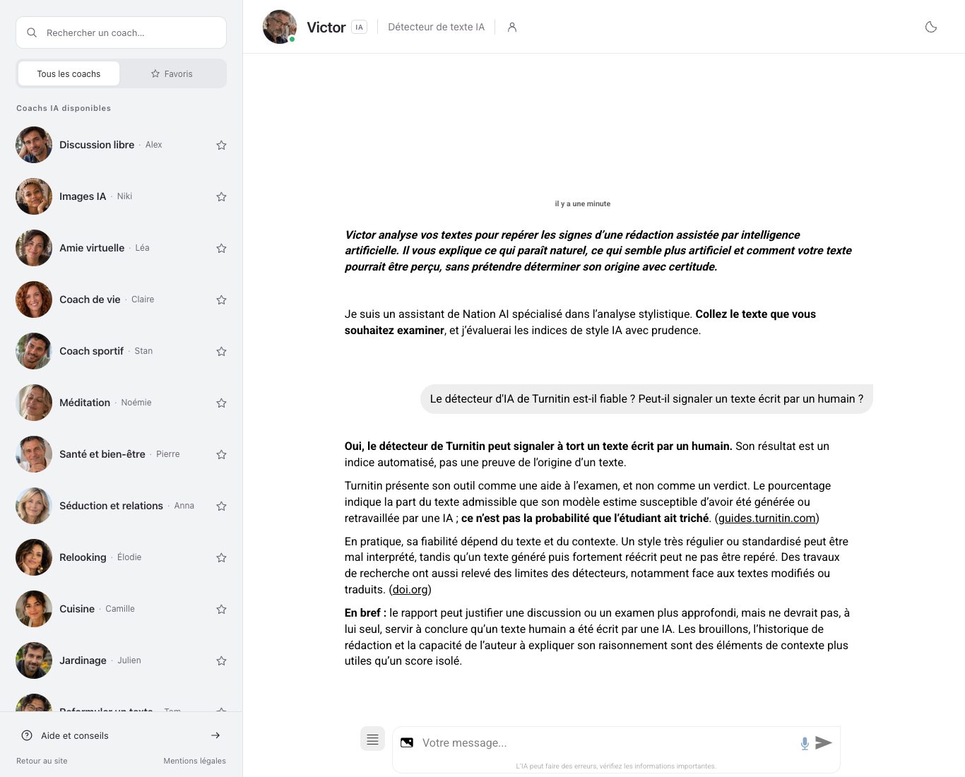 La conversation avec Victor dans Nation AI : son en-tête, la question sur le contrôle de l'université et le début de sa réponse.