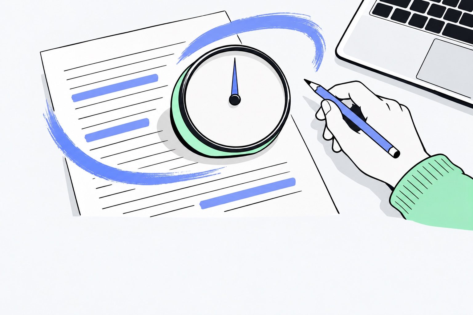 A flat editorial illustration, close-up in the upper half of the frame: an analog gauge with a completely blank dial and a periwinkle needle in the middle, on a printed essay of blank lines with a few lines highlighted in periwinkle, a student hand in a mint sleeve holding a pencil, a laptop corner, a periwinkle brush stroke curving around the gauge; the lower part is calm empty white space.