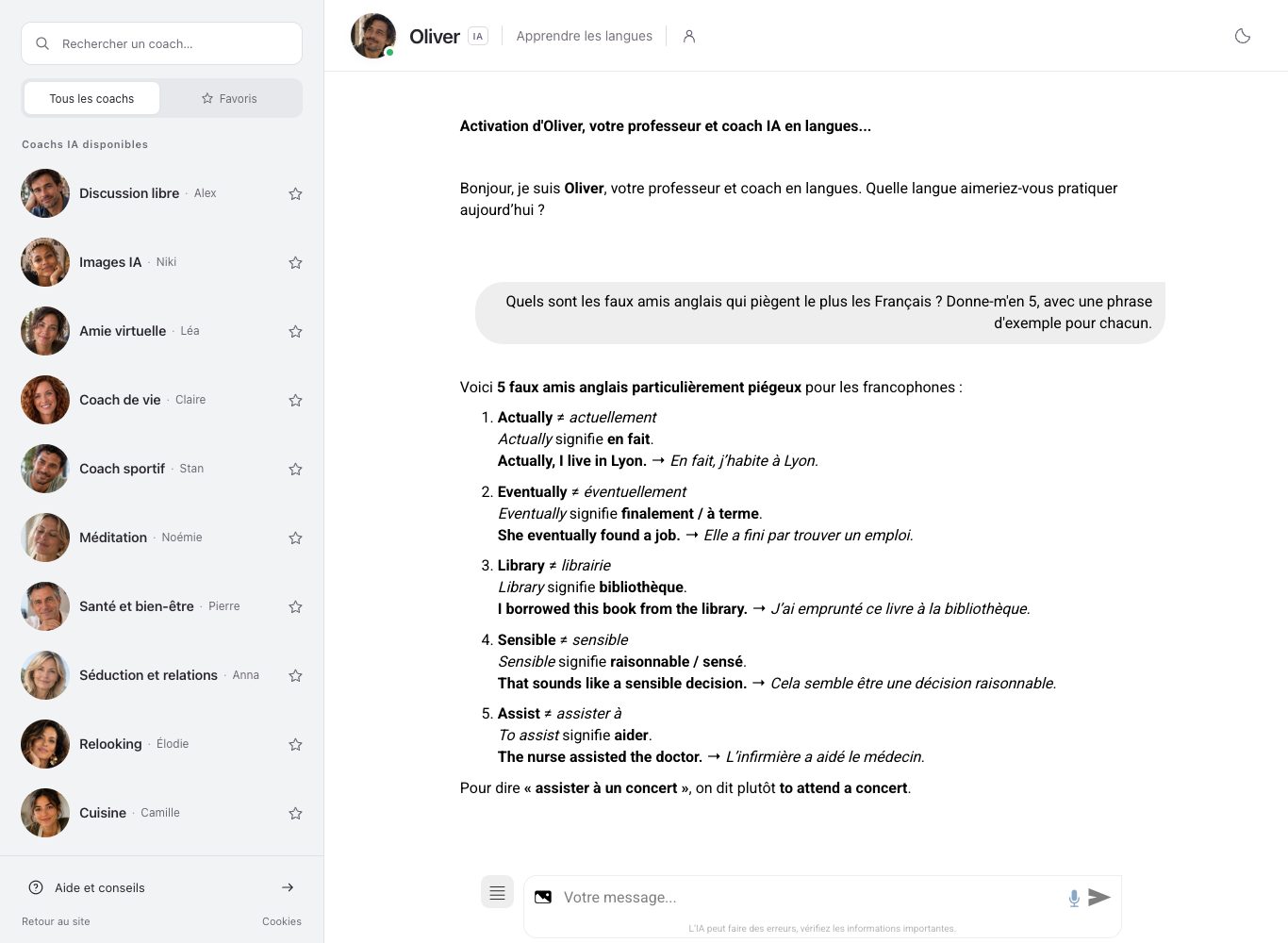 Capture de la conversation avec Oliver : cinq faux amis anglais, chacun avec son sens et une phrase d'exemple traduite en français