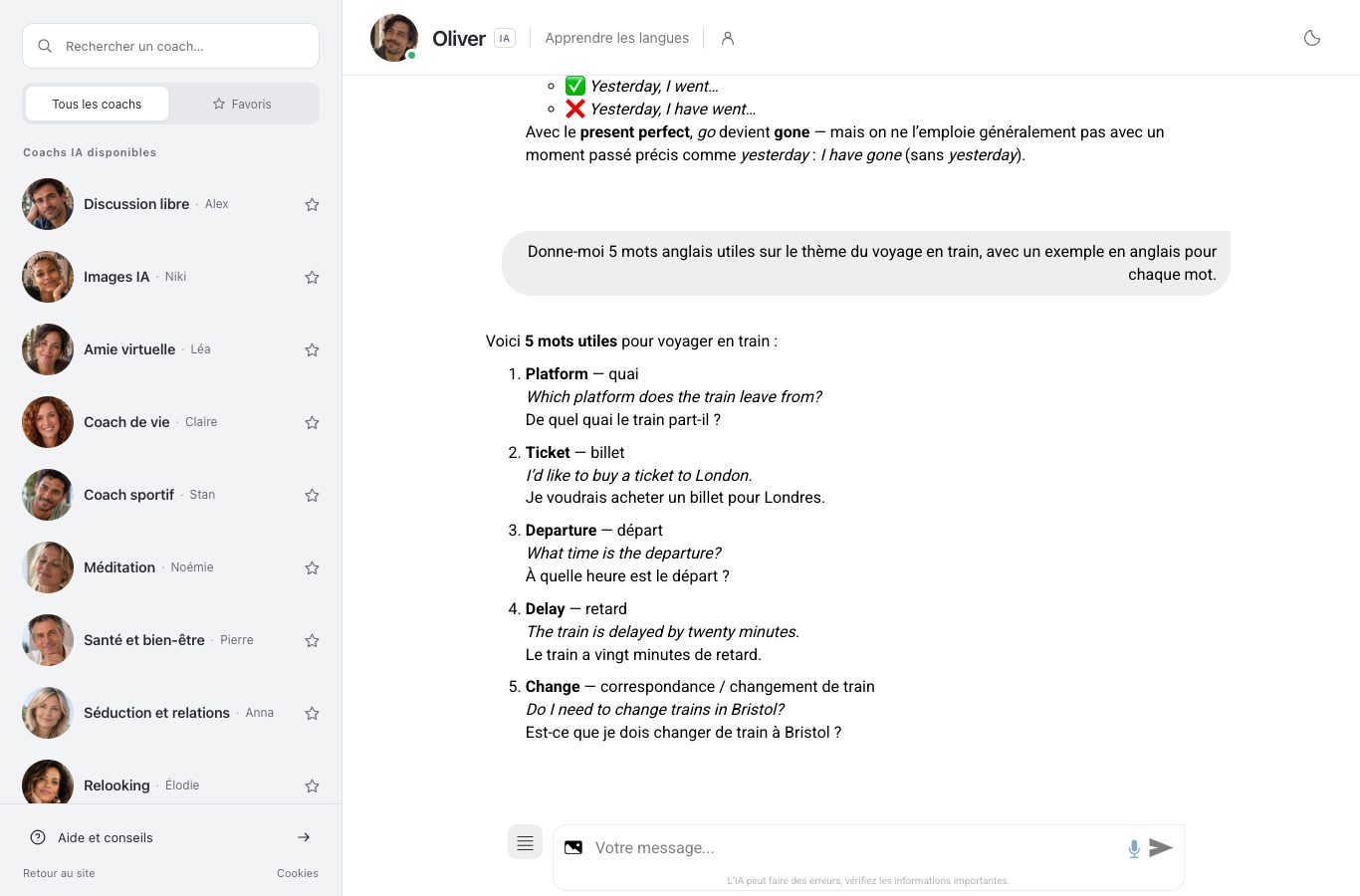 Capture de la conversation avec Oliver : la fin d'une correction de grammaire, puis cinq mots utiles pour voyager en train, chacun avec un exemple et sa traduction