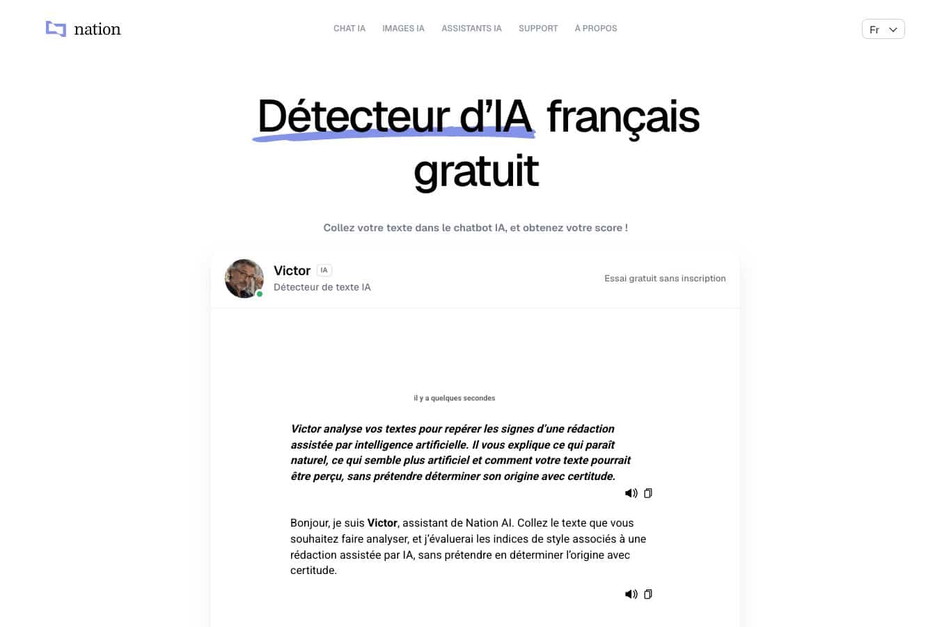 La page du détecteur de texte IA de Nation, avec l'en-tête Victor, la mention Essai gratuit sans inscription et une zone de discussion pour coller un texte