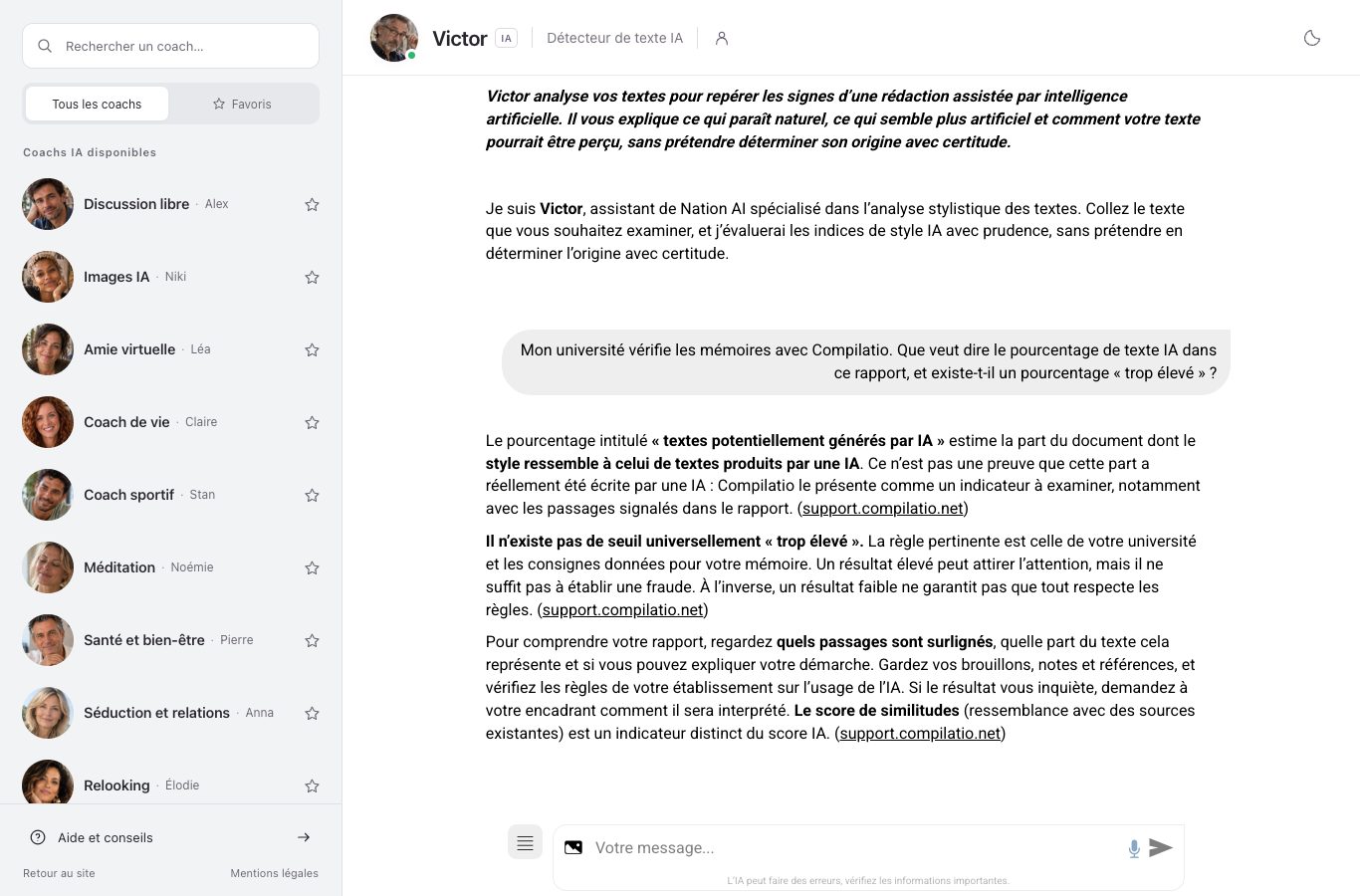 Capture d'écran du chat de nation.fr : Victor, coach détecteur de texte IA, explique le pourcentage IA de Compilatio et l'absence de seuil, interface complète.