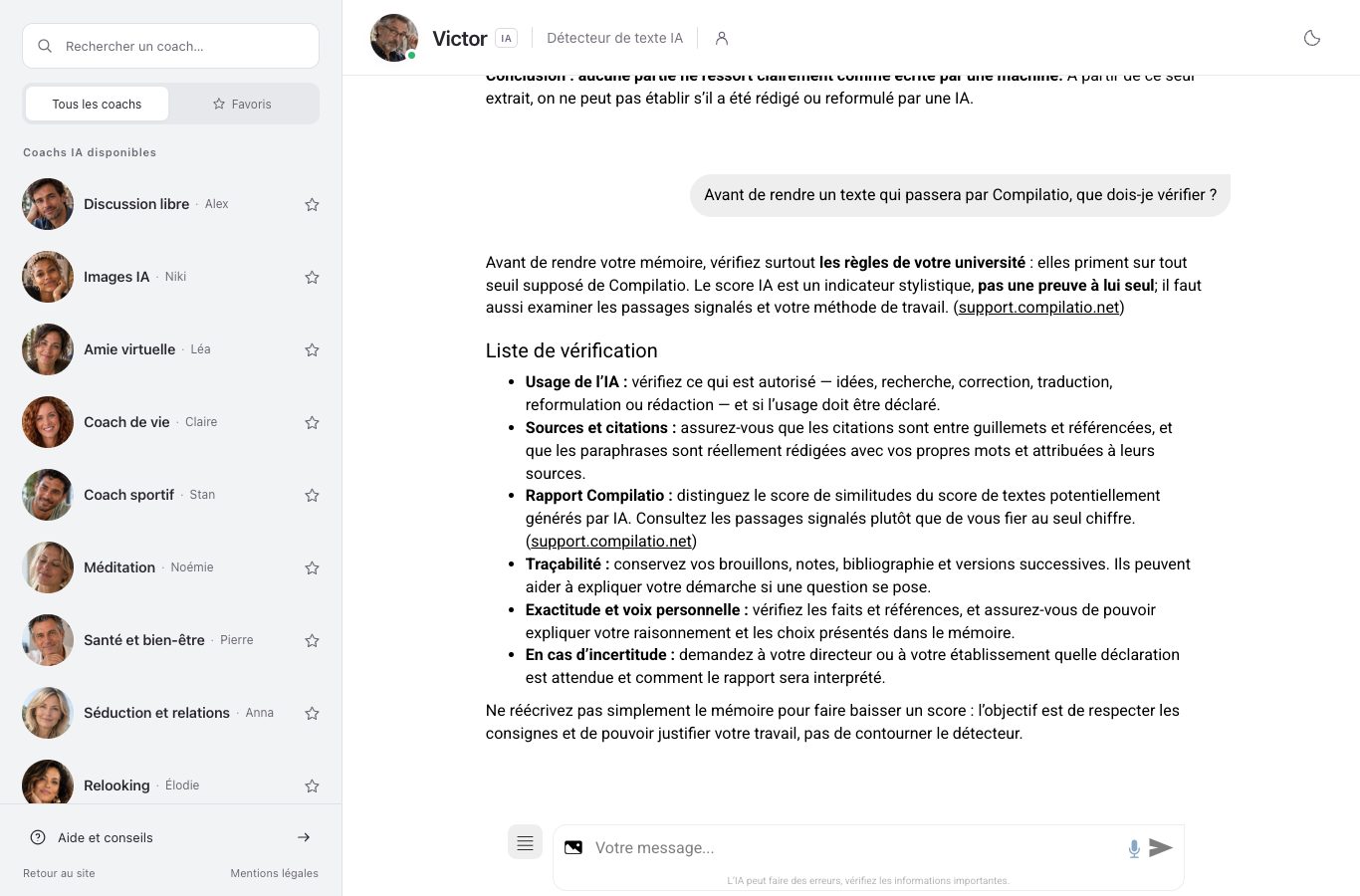 Capture d'écran du chat de nation.fr : Victor, coach détecteur de texte IA, déroule sa liste de vérification avant un rendu, interface complète.