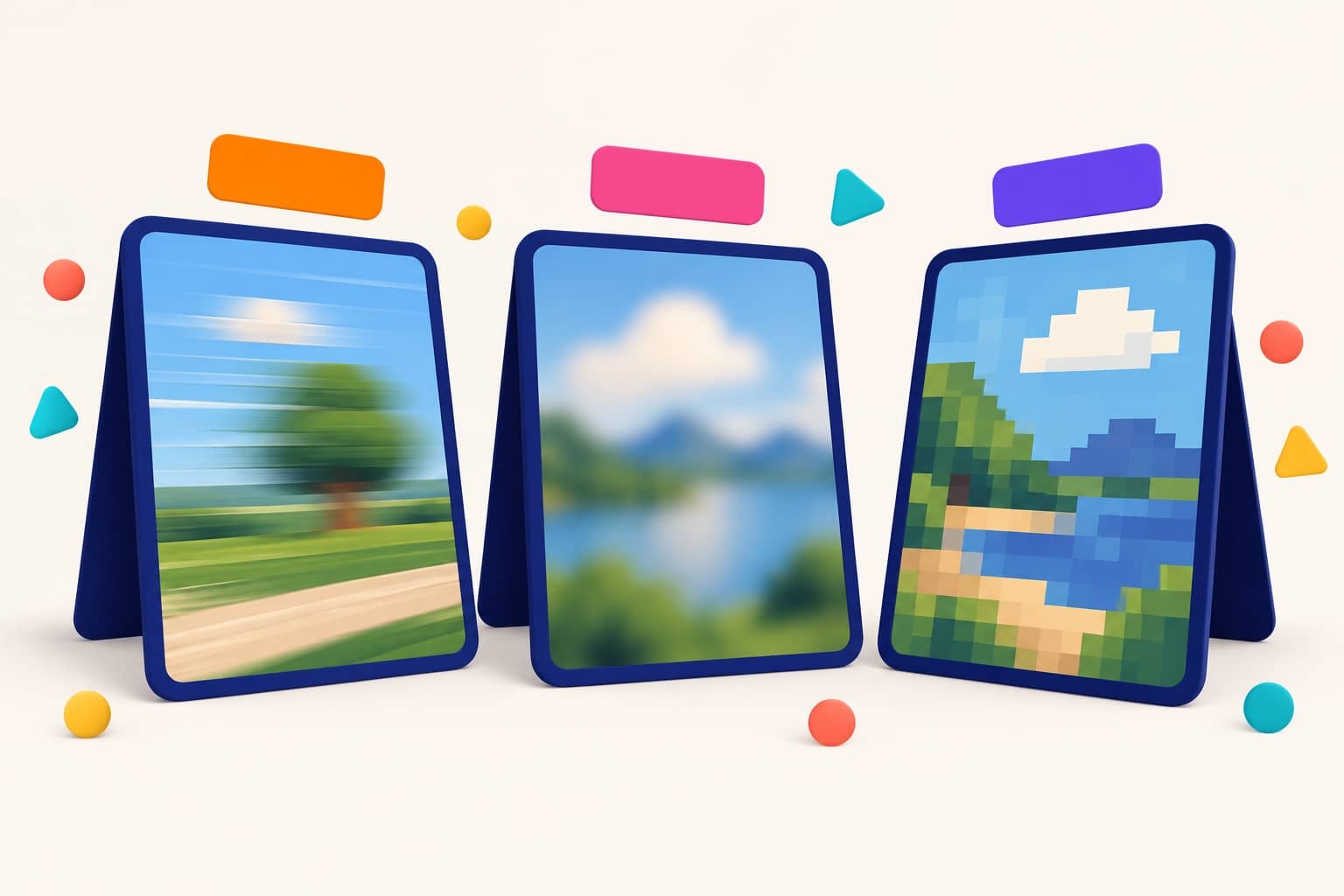 The three types of photo blur: motion blur, missed focus and pixelation, 3D illustration