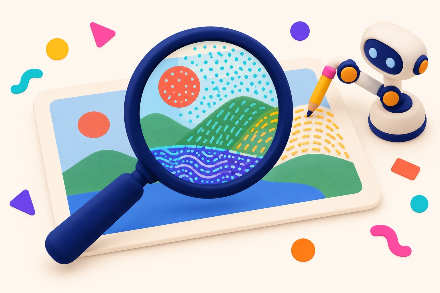 A magnifier reveals patterns invented by the AI on a photo: unblurring amounts to guessing details, 3D illustration