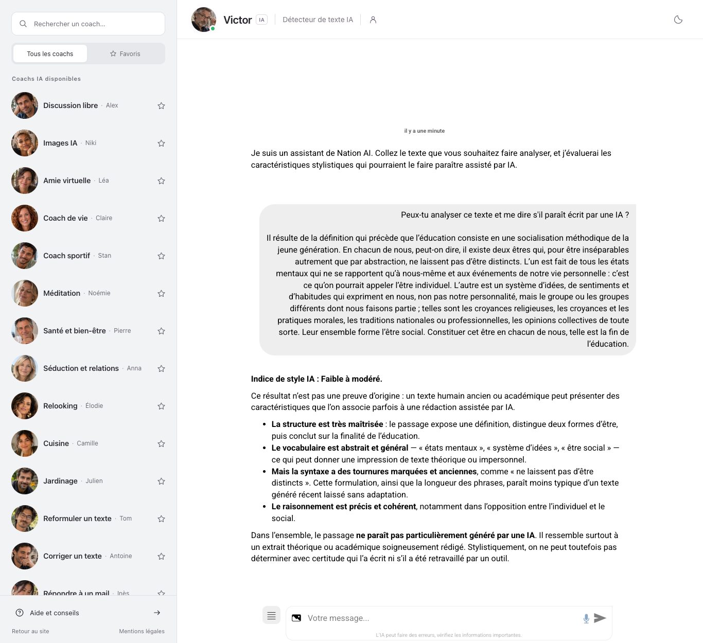 Capture d'écran du chat de nation.fr : la conversation avec Victor, coach détecteur de texte IA, au sujet d'un extrait de sociologie de 1922, avec sa réponse « Indice de style IA : Faible à modéré » et l'analyse des passages.