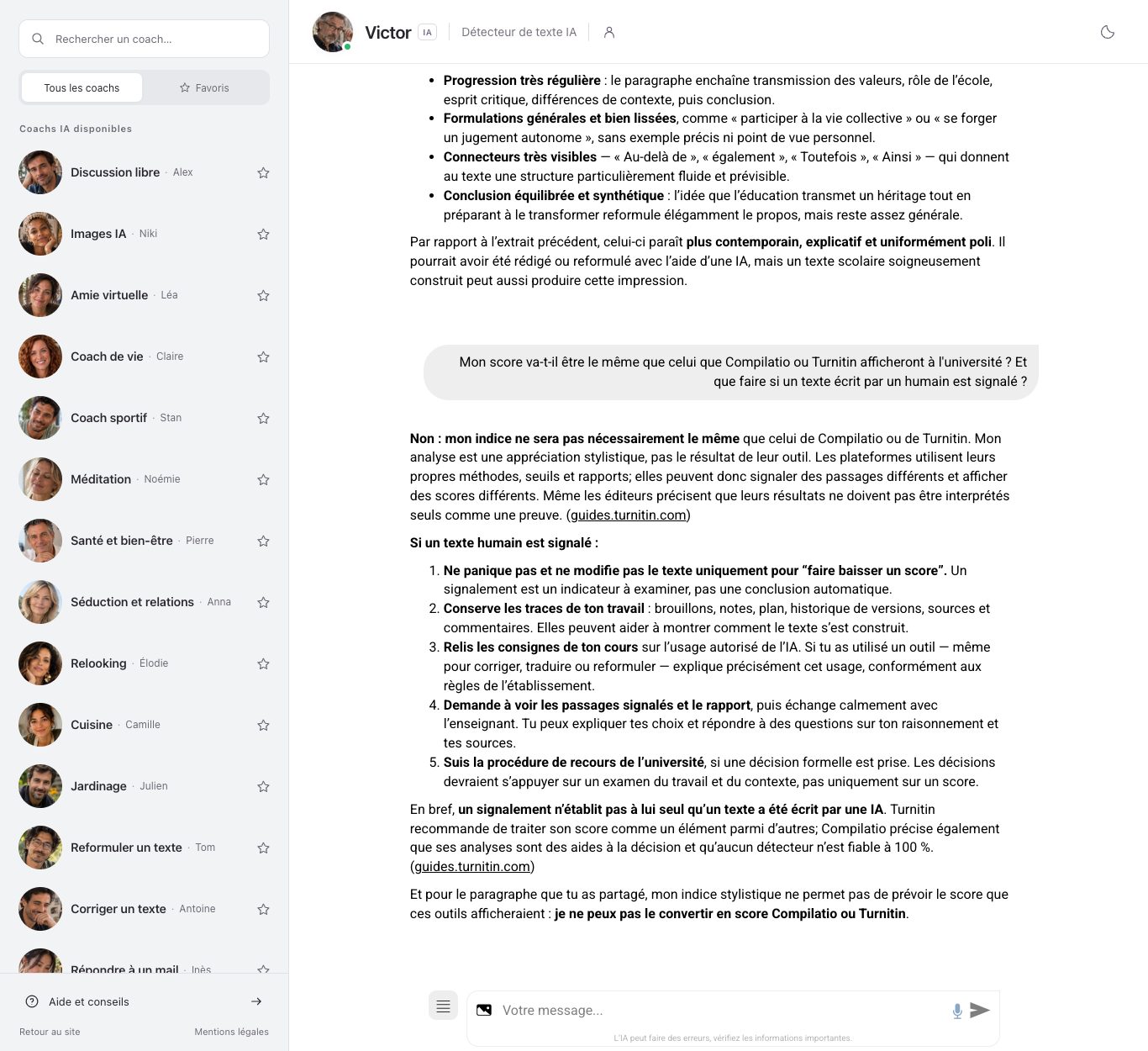 Capture d'écran du chat de nation.fr : Victor explique que son indice ne sera pas nécessairement le même que celui de Compilatio ou de Turnitin et conseille de conserver les traces de son travail.