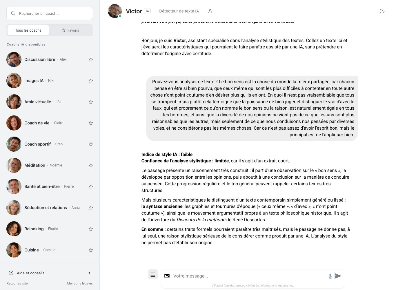 Capture d'écran du chat de nation.fr : l'ouverture du Discours de la méthode analysée par Victor, avec l'indice de style IA faible et la reconnaissance du texte de Descartes.