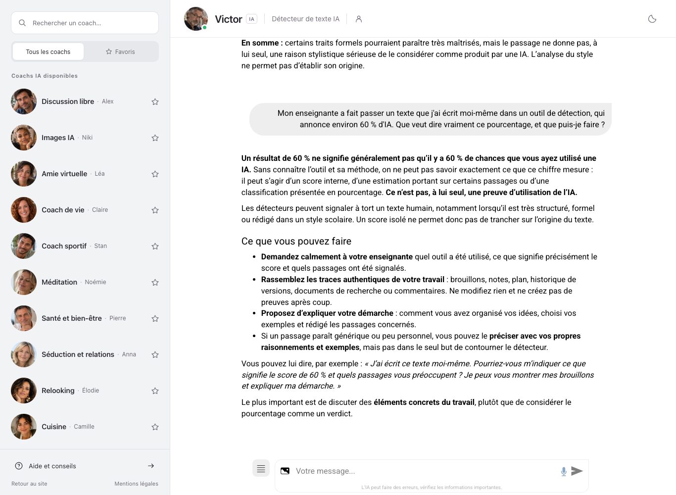 Capture d'écran du chat de nation.fr : la question d'une étudiante sur un score de 60 % d'IA et la réponse de Victor, avec les conseils à suivre et la phrase à dire à l'enseignante.