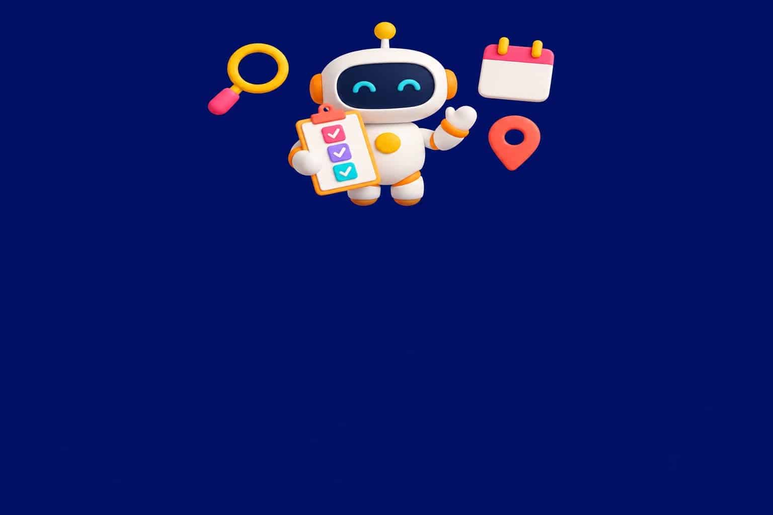 Illustration 3D d'un agent IA : petit robot avec une liste de tâches cochées et des icônes d'outils flottantes sur fond bleu nuit