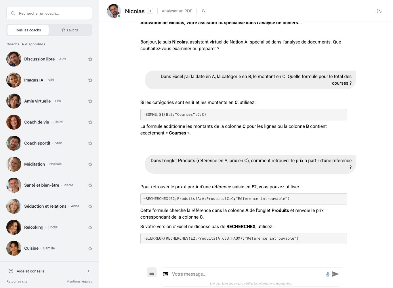Capture du chat de Nation : la liste des coachs à gauche, les deux questions sur le total des courses et sur le prix retrouvé par référence, et les formules SOMME.SI, RECHERCHEX et SIERREUR de Nicolas dans la conversation