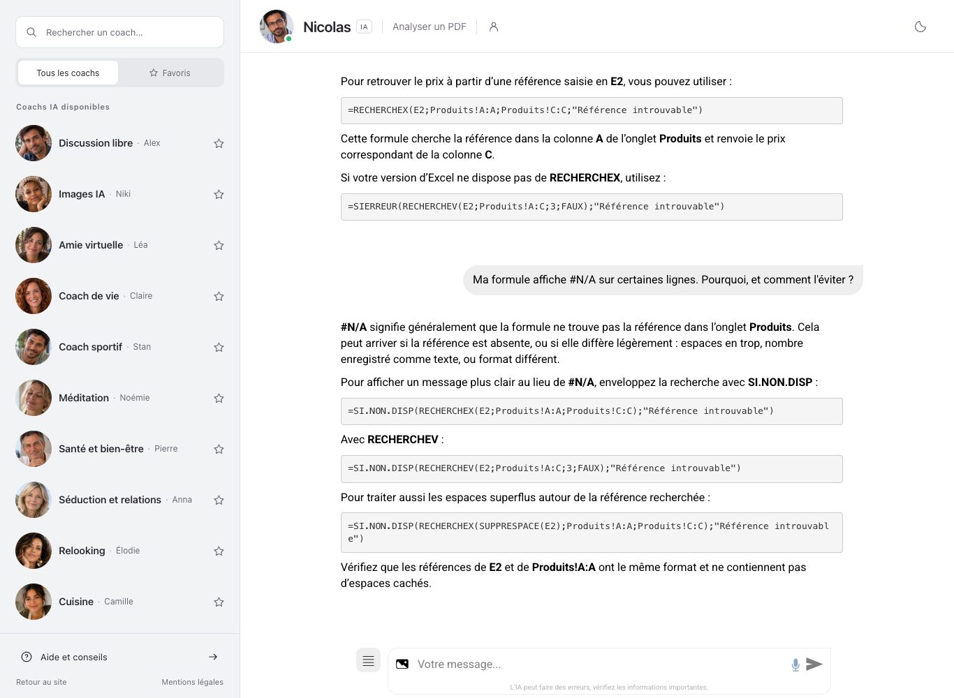 Capture du chat de Nation : la question du lecteur sur l'erreur #N/A et la réponse de Nicolas, qui explique ses causes possibles et donne les formules SI.NON.DISP qui affichent un message lisible à la place