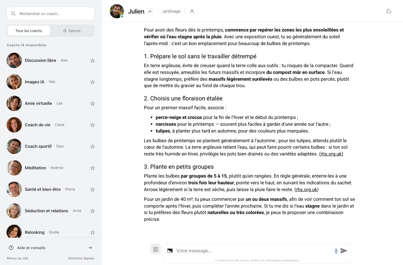 Capture du chat de Nation : Julien, coach jardinage, explique les zones ensoleillées, la terre ressuyée et les bulbes à associer