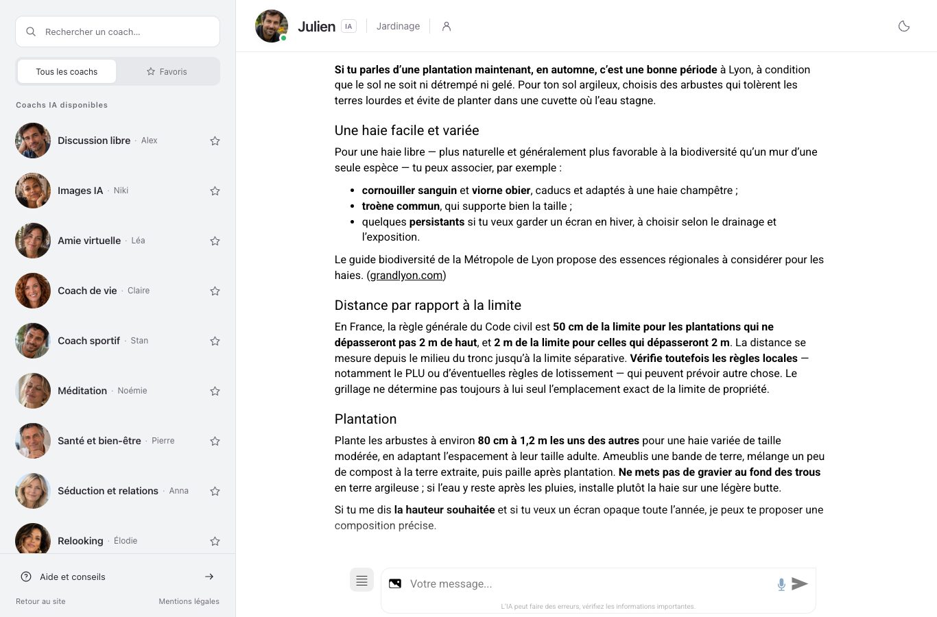 Capture du chat de Nation : Julien propose des arbustes pour la haie, cornouiller sanguin, viorne obier et troène commun, et rappelle les distances légales