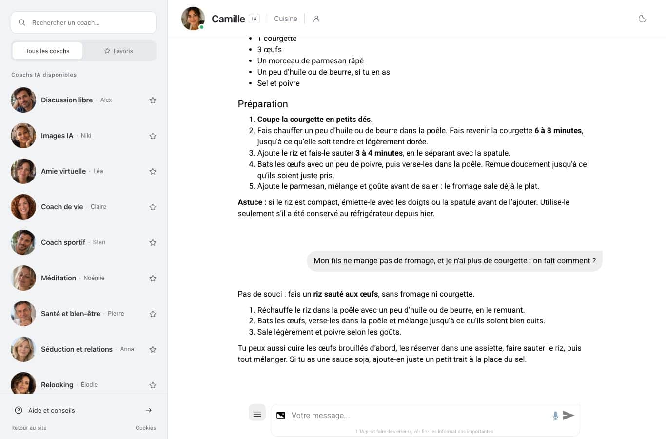 Capture du chat de Nation : le message annonçant un fromage refusé à la maison et une courgette disparue, et la nouvelle recette de Camille, un riz sauté aux œufs