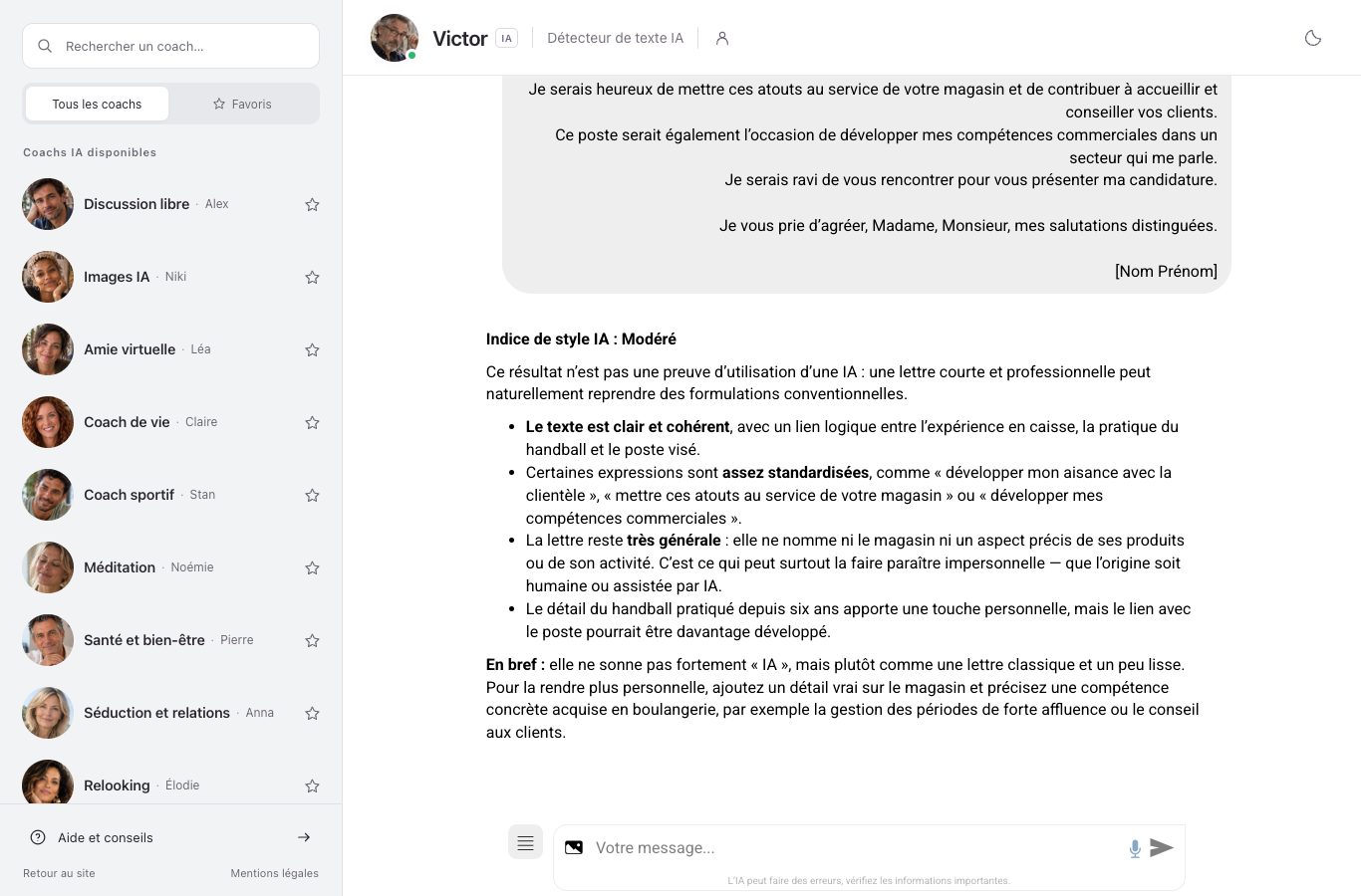 Capture d'écran du chat de Nation : l'en-tête du coach Victor, détecteur de texte IA, et sa réponse à la lettre envoyée, qui commence par « Indice de style IA : Modéré »