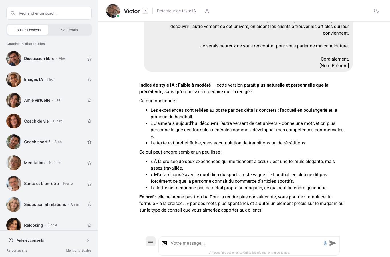 Capture d'écran du chat de Nation : la réponse de Victor à la seconde version de la lettre, qui commence par « Indice de style IA : Faible à modéré »