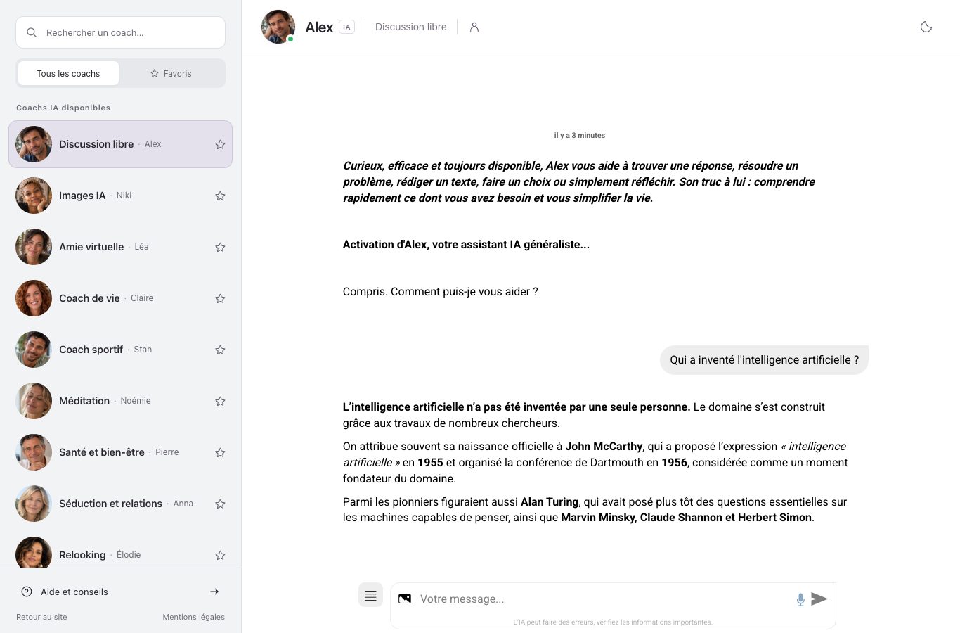 Capture du chat de Nation : la question du lecteur sur l'invention de l'intelligence artificielle et la réponse d'Alex en deux paragraphes, qui cite John McCarthy, 1955 et la conférence de Dartmouth de 1956