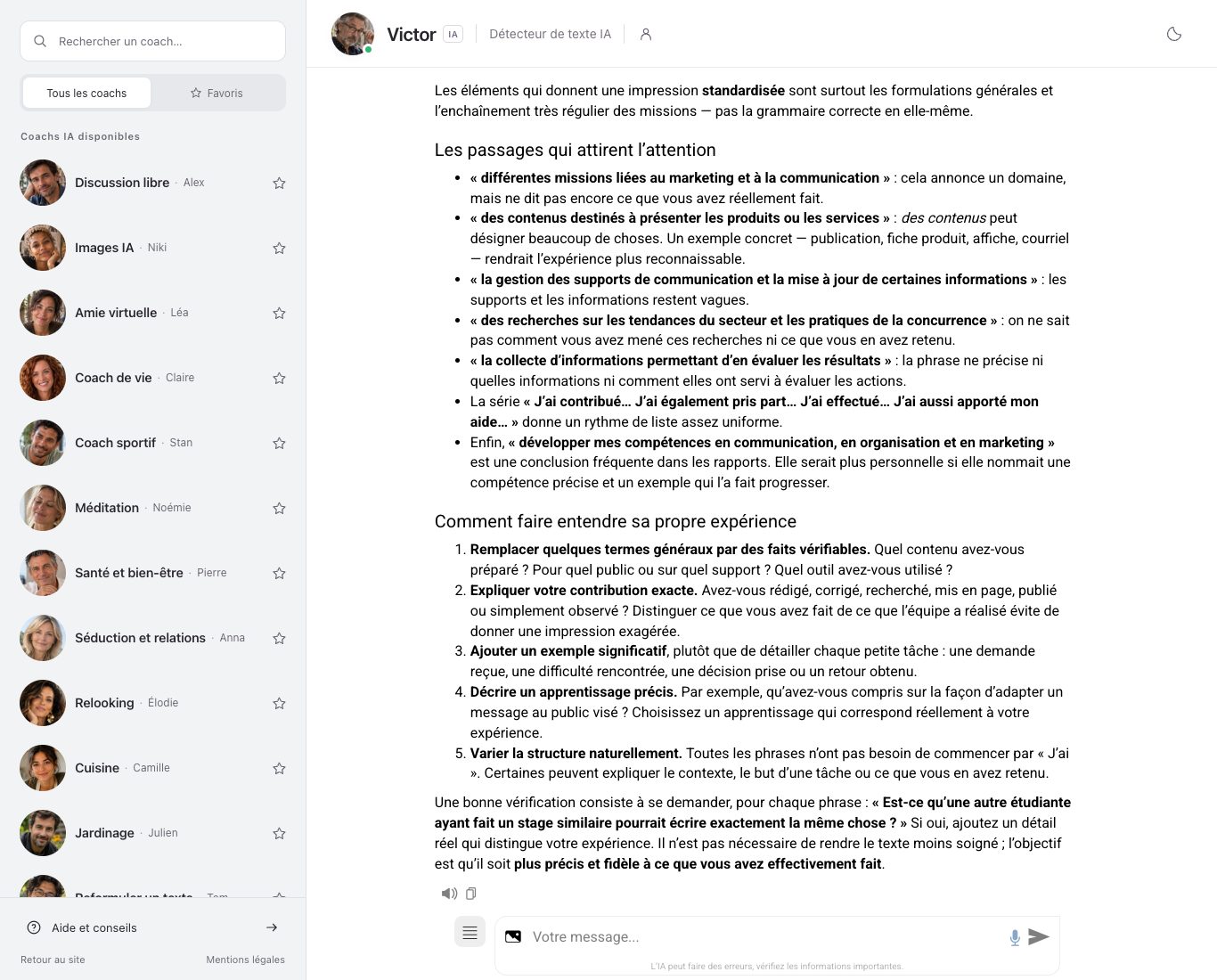 Le chat de Nation avec Victor : à gauche la liste des coachs, au centre sa réponse sur les passages génériques d'un rapport de stage.