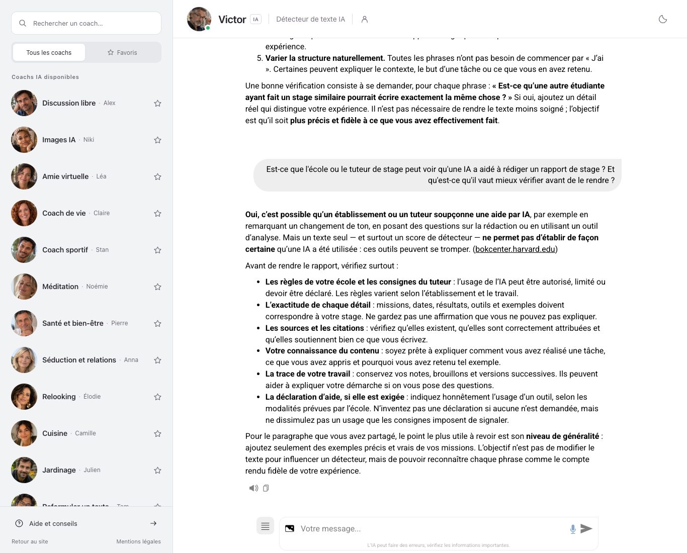 Le chat de Nation avec Victor : la liste des points à vérifier avant de rendre un rapport de stage.