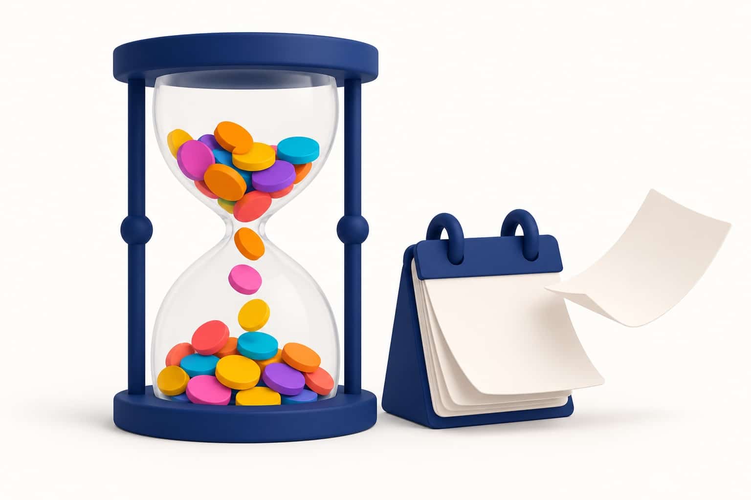 3D illustration: hourglass of colorful tokens and a calendar, for monthly cloud credits that expire without rollover