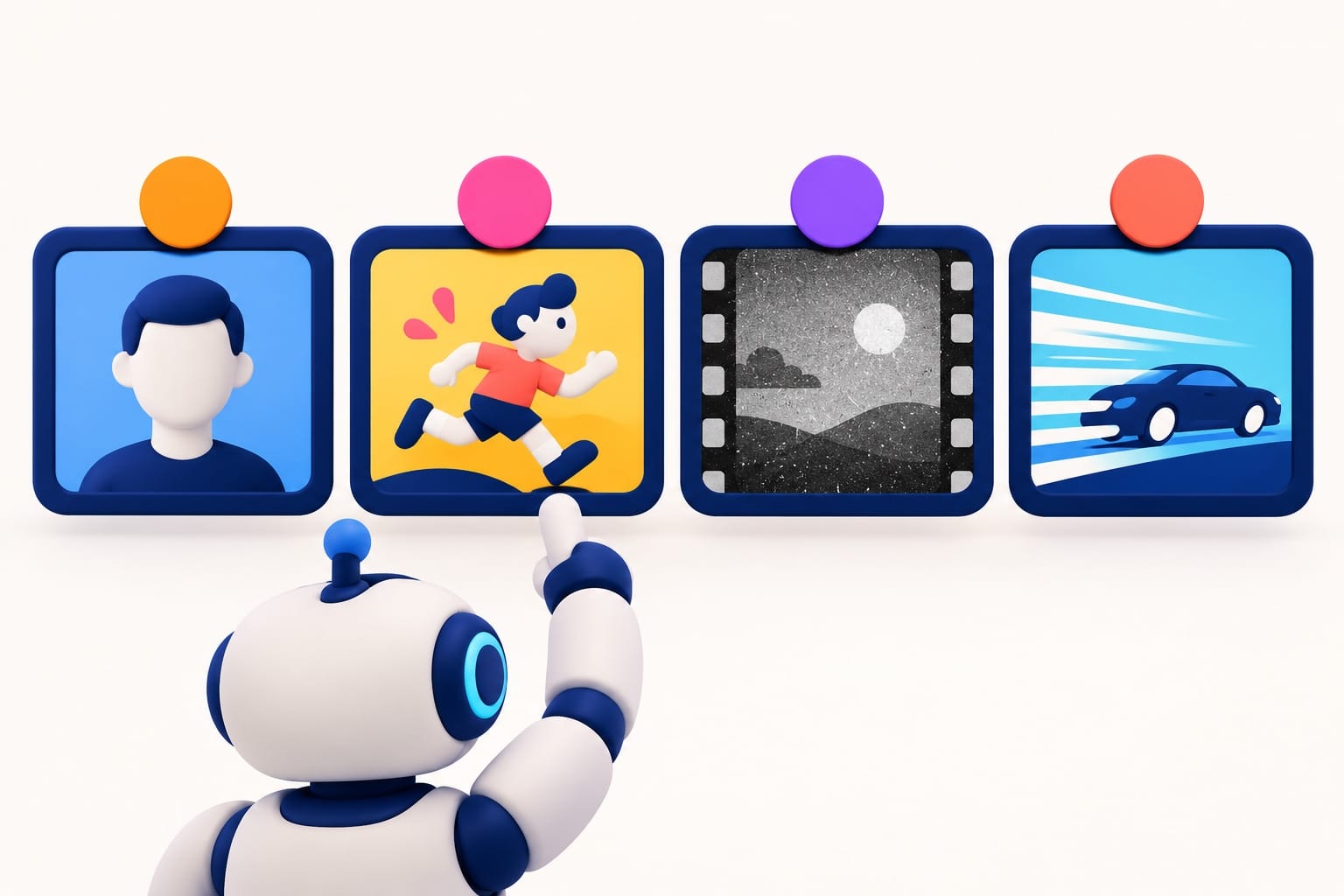 3D illustration: four video tiles (face, animation, old film, action scene) with colored badges, for choosing the AI model by source