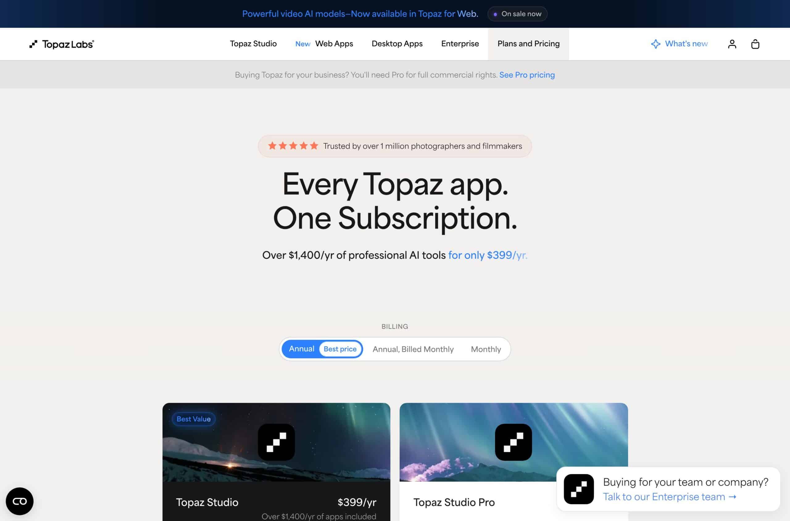 Screenshot of the Topaz Studio pricing panel: 399 dollars per year for all applications, presented as over 1400 dollars per year in tools
