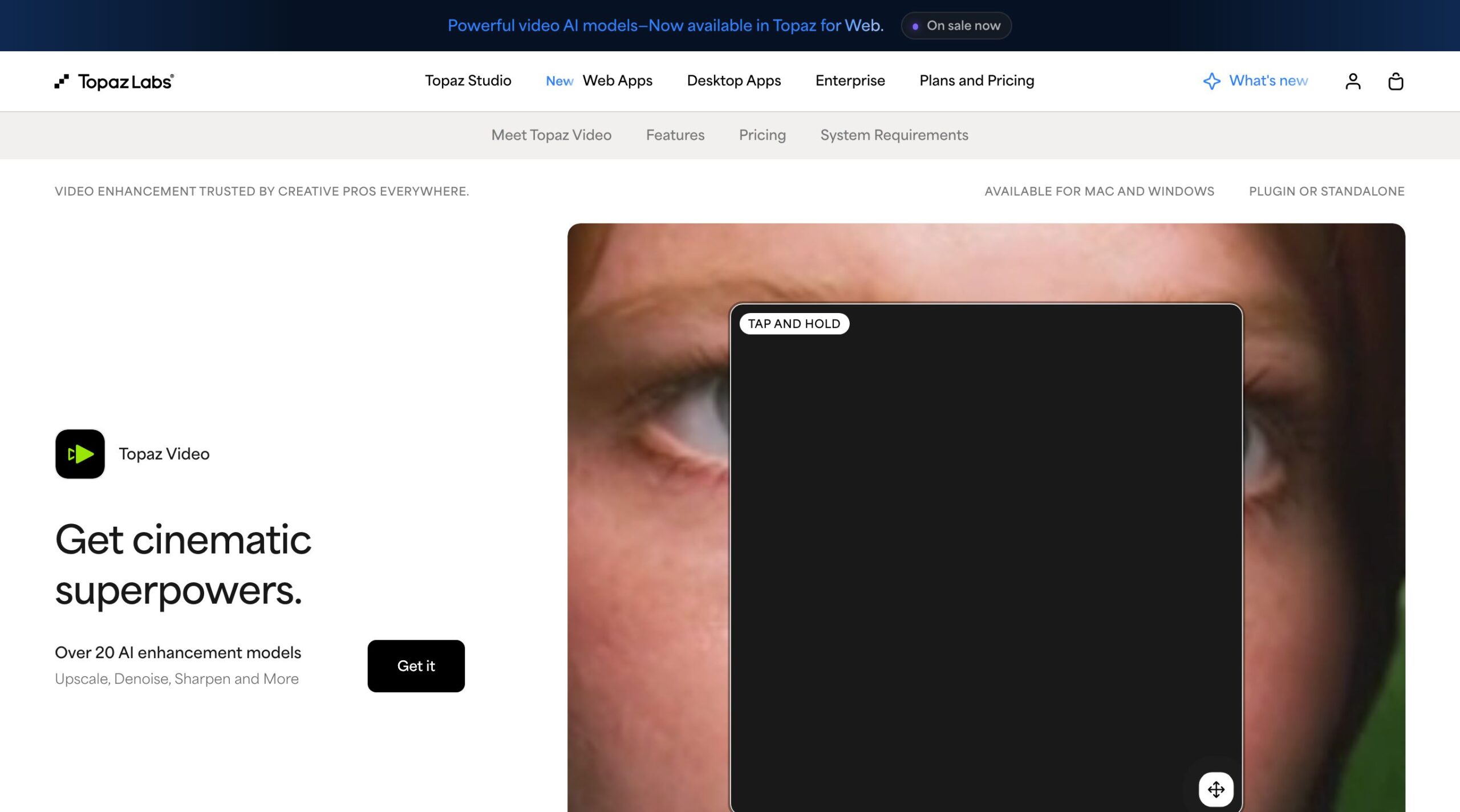 Screenshot of the official Topaz Video page: Get cinematic superpowers, over 20 AI enhancement models, available for Mac and Windows